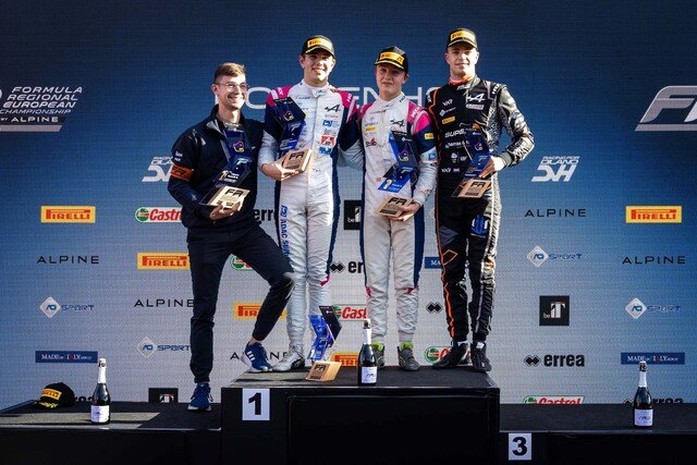 Hockenheim (GER), OCT 20 - 22 2023 - Round 10 of Formula Regional European Championship by Alpine 2023 at the Hockenheim Ring. Podium race2: Martinius STENSHORNE #34, R-ace GP, Tim TRAMNITZ #77, R-ace GP and Kas HAVERKORT #27, VAR. © 2023 Sebastiaan Rozendaal  / Dutch Photo Agency.